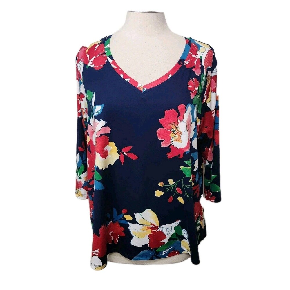 Pioneer Woman Top Womens XL Blue Red Floral 3/4 Sleeve V-Neck Stretch Knit